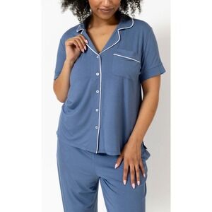 SWOMOG NWT Pajama Set Blue Short Sleeve Button Down Top Long Pants - Size M